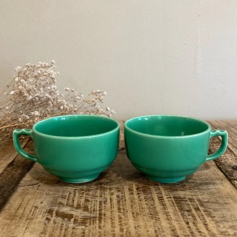 2 Homer Laughlin Riviera Light Green Art Deco Tea Cups Vintage